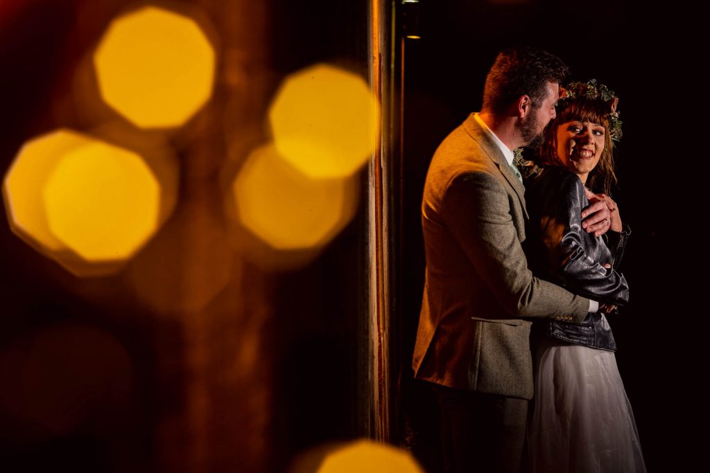 Bride and groom at night