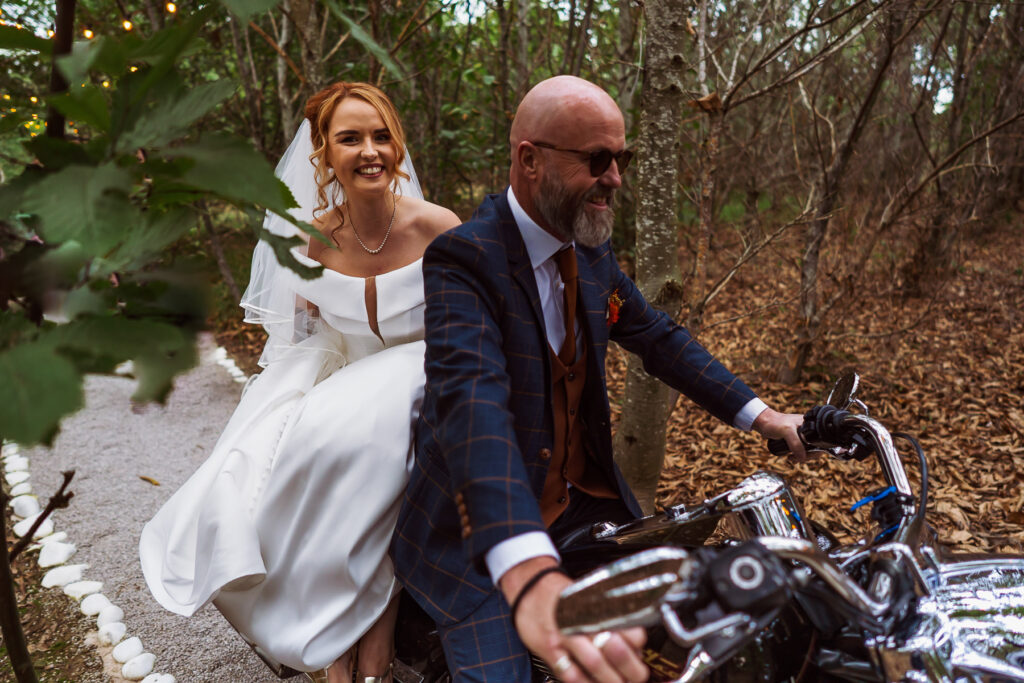 Bride arriving by bike