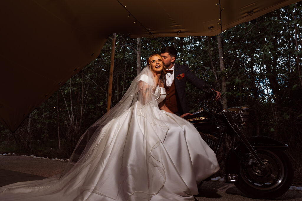 Bride and groom on Harley