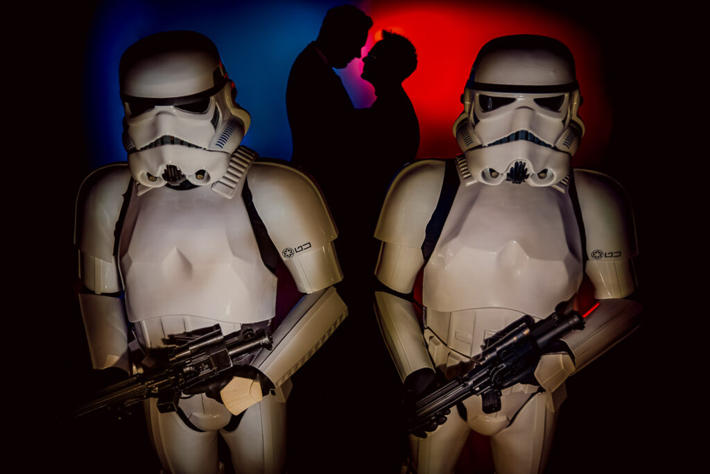Wedding couple with storm troopers from star wars