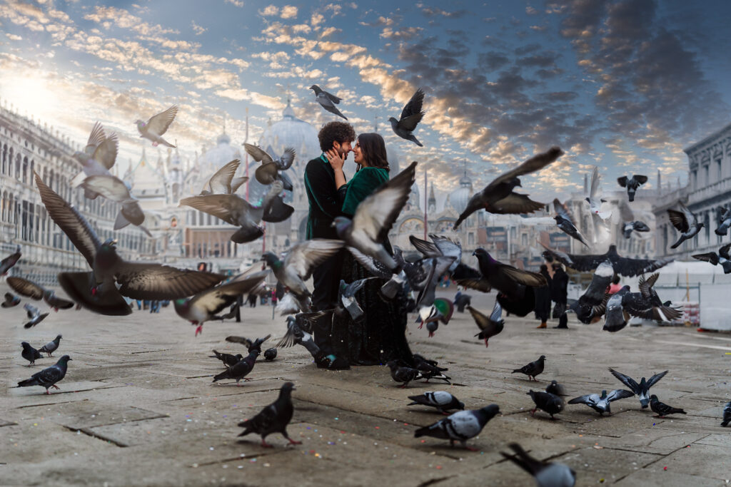 Wedding couple in Venice with birds flying