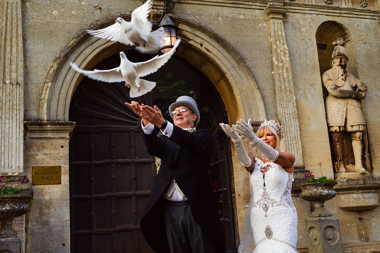 Wedding couple with doves