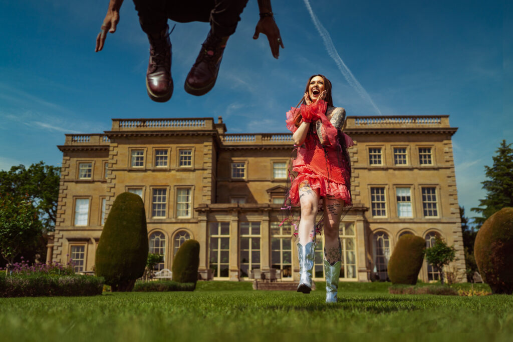 Wedding couple where groom is jumping