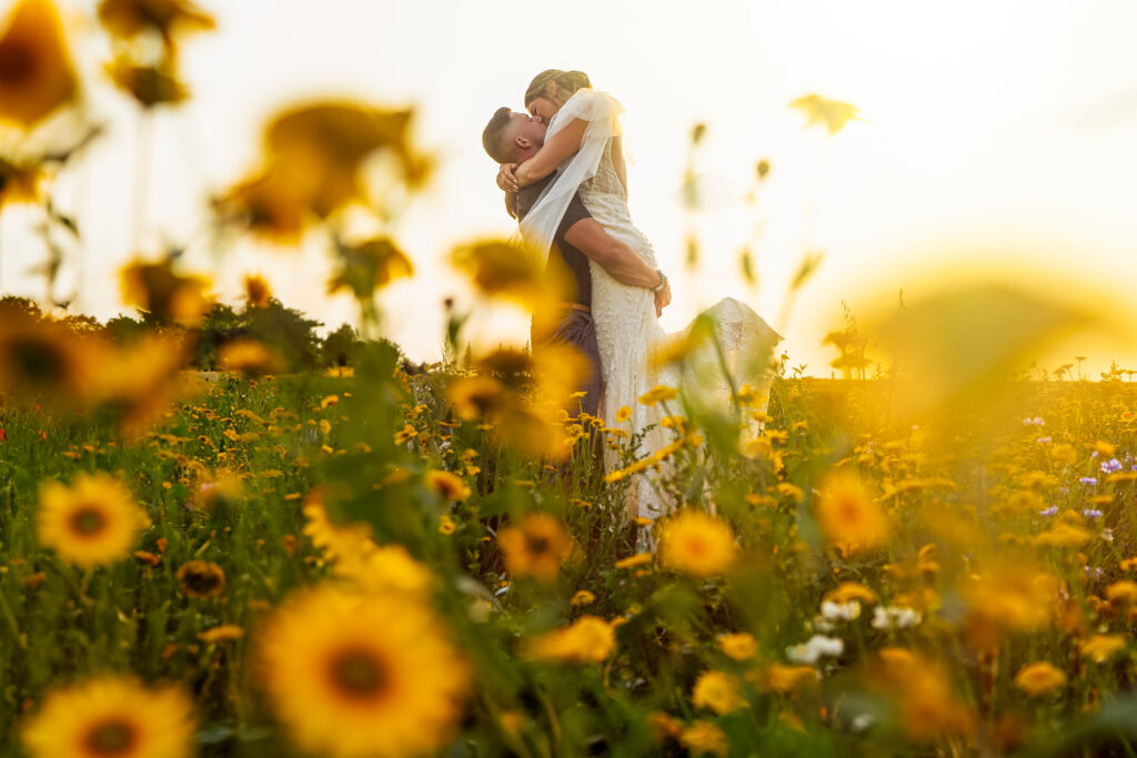 Wedding at Mythe Barn, couple in sunflowers